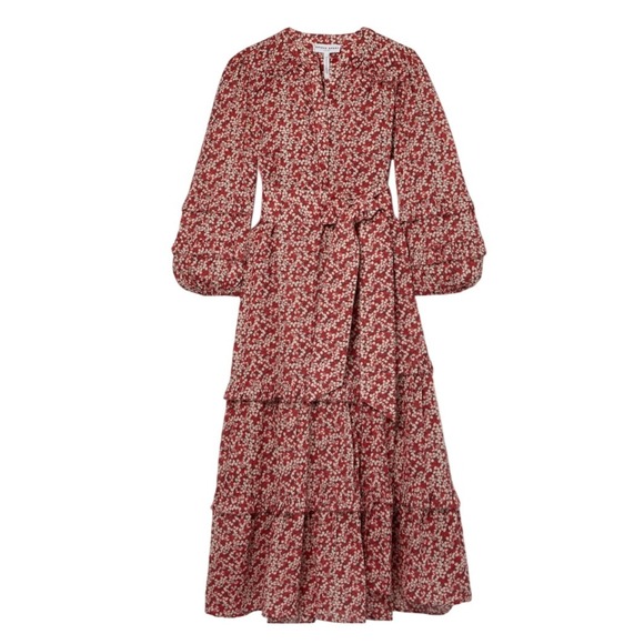 APIECE APART Size S Garcia Flamenca Belted Red Floral Tiered Ruffled Midi Dress - Picture 1 of 12